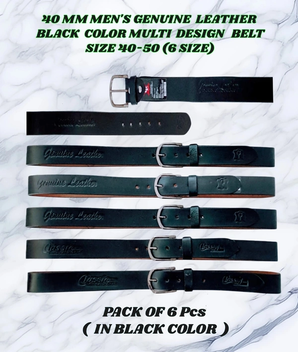 40 MM MENS GENUINE LEATHER BLACK COLOR MULTI DESIGN BELT SIZE 40-50 (6 SIZE) - FREE, 6
