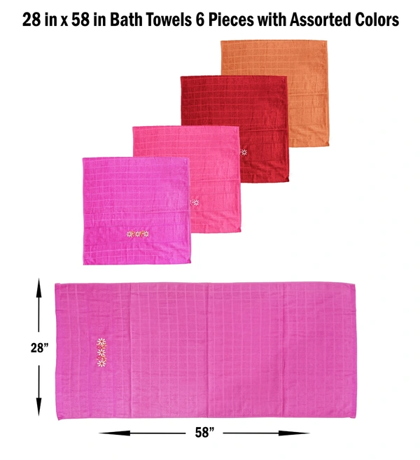 28 in x 58 in Bath Towels 6 Pieces with Assorted Colors - 28*58 cm, 6