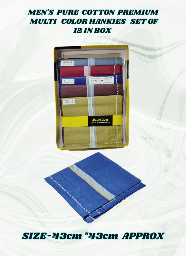 MENS PURE COTTON PREMIUM QUALITY MULTI COLOR HANKIES, SET OF 12 PICES IN BOX, SIZE-43*43 Cm - 43*43, 12