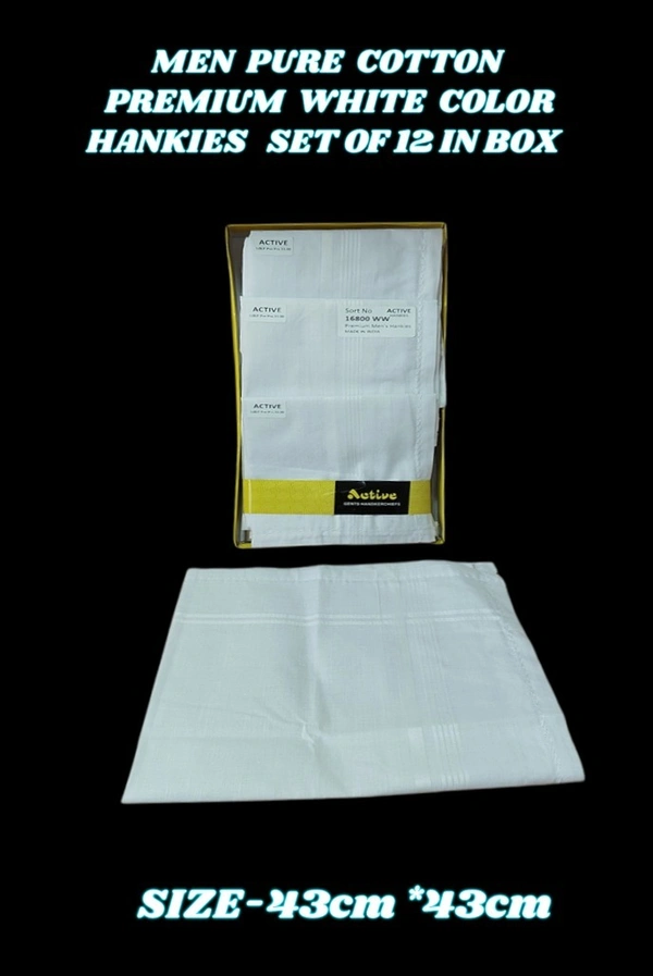 MENS PURE COTTON PREMIUM  QUALITY  WHITE COLOR  WITH STRIP DESIGN  HANKIES, SET OF 12 PICES IN BOX, SIZE-43*43 Cm - 43*43, 12