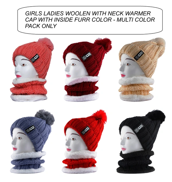 GIRLS& LADIES WOOLEN WITH NECK WARMER & CAP WITH INSIDE FURR COLOR - MULTI PRINTS & COLORS PACK ONLY - free, 6