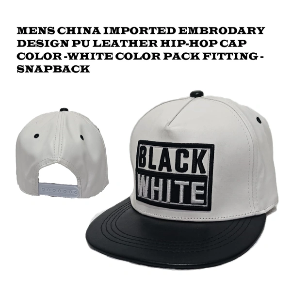 Mens China Imported Embrodary Design PU Leather Hip-Hop Cap White Color-Snapback Fitting - 12