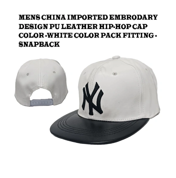 Mens China Imported Embrodary Design PU Leather Hip-Hop Cap White Color-Snapback Fitting - 12