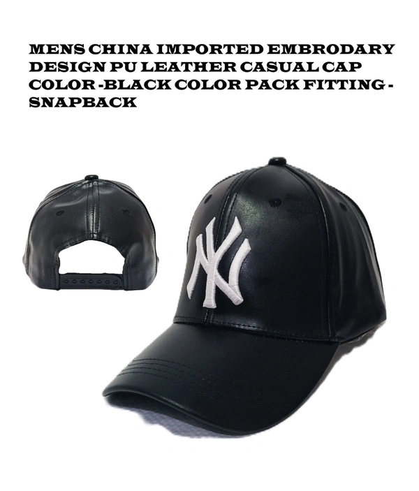 Mens China Imported Embrodary Design PU Leather Casual Cap Black Color-Snapback Fitting - 6