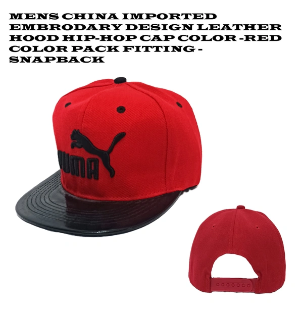 Mens China Imported Embrodary Design Leather Hood Puma Logo Hip-Hop Cap Red Color-Snapback Fitting - 12