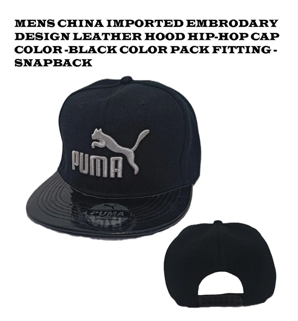 Mens China Imported Embrodary Design Leather Hood Puma Logo Hip-Hop Cap Black Color-Snapback Fitting - 12