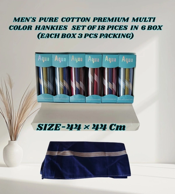 MENS PURE COTTON PREMIUM QUALITY MULTI   COLOR STRIP DESIGN HANKIES SET OF 18 PICES IN 6 BOX (EACH BOX P PICES HANKIES PACKING) - 44*44, 18