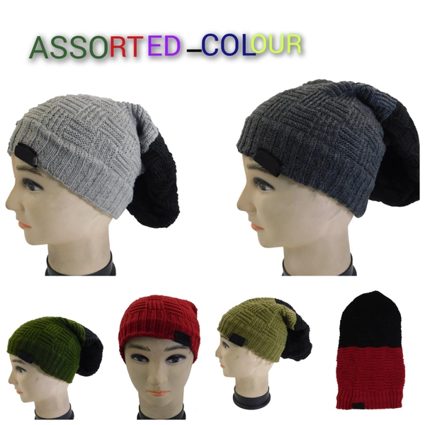 Woolen 2 shade color long beanie cap with inside furr mix color pack only  - free, 6