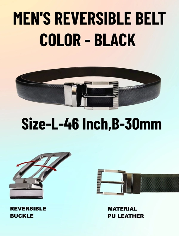 MEN'S  PU LEATHER BLACK COLOR REVERSIBLE KANTA BUCKLE BELT SIZE-(LENGTH-45 INCH,WIDTH-35MM) - SIZE-(LENGTH-45 INCH,WIDTH-35MM), 6
