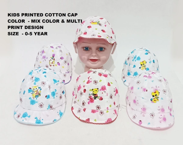 KIDS PRINTED COTTON CAP COLOR  MIX COLOR AND MULTI PRINT DESIGN  - FREE, 12