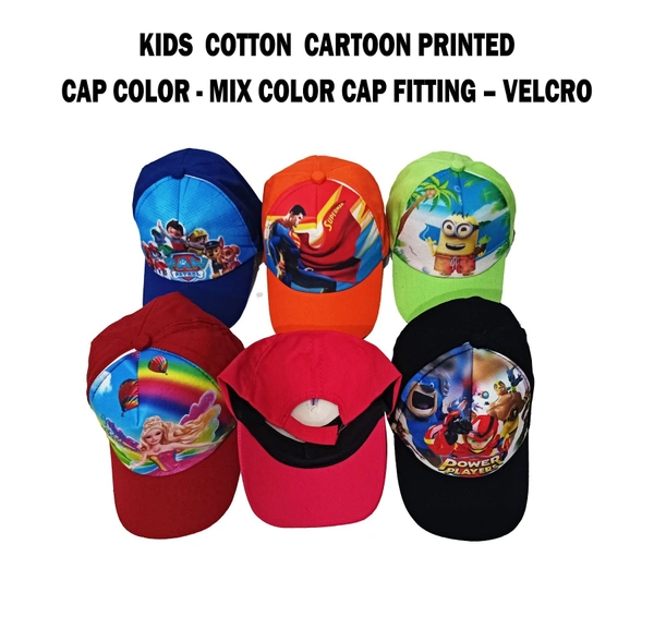 KIDS COTTON CARTOON PRINTED  CAP WITH VELCRO ADJUSTABLE AND ASSORTED COLOR - FREE, 12