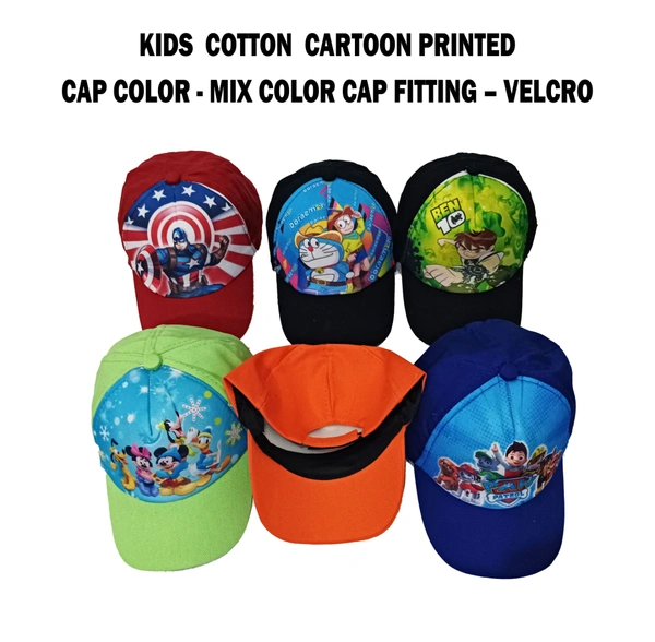 KIDS COTTON CARTOON PRINTED  CAP WITH VELCRO ADJUSTABLE AND ASSORTED COLOR - FREE, 12