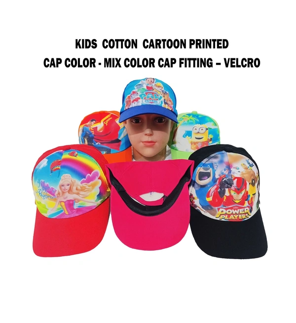KIDS COTTON CARTOON PRINTED  CAP WITH VELCRO ADJUSTABLE AND ASSORTED COLOR - FREE, 12
