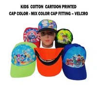 KIDS COTTON CARTOON PRINTED  CAP WITH VELCRO ADJUSTABLE AND ASSORTED COLOR - FREE, 12