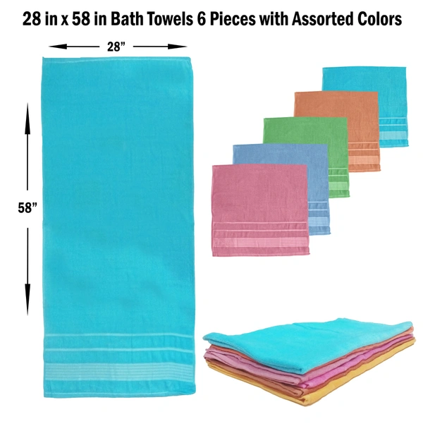 28 in x 58 in Bath Towels 6 Pieces with Assorted Colors - 28*58 cm, 6