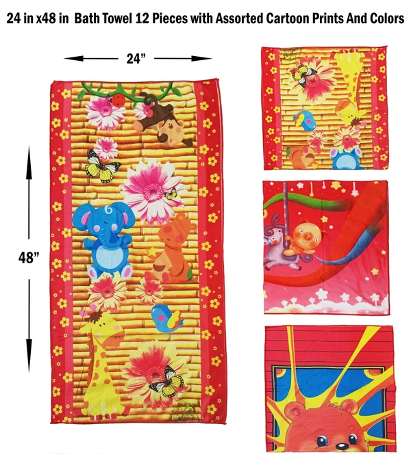 24 in x 48 in Bath Towel 12 Pieces with Assorted Cartoon Print And Colors - 24*48 cm, 12