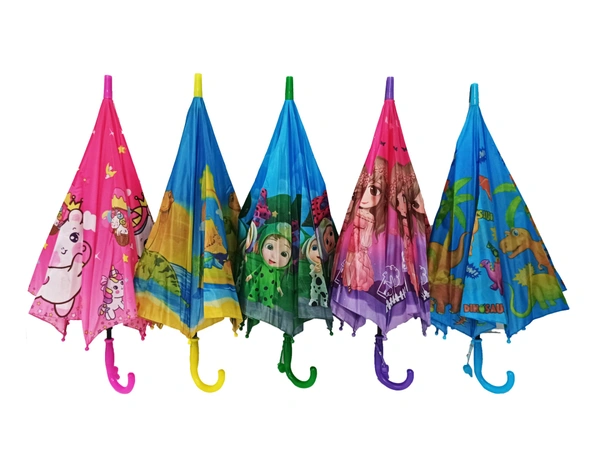POLYSTER MULTI CARTOON PRINTED MIX COLOR   KIDS UMBRELLA SIZE 19 INCHES  - FREE, 6