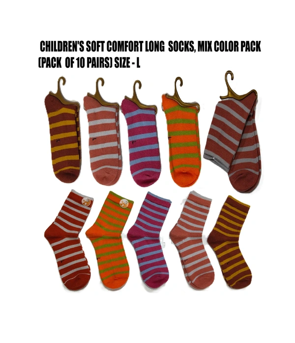 Children's Soft Comfort Long Socks,Mix Color Pack (Pack Of 10Pairs ) Size -L - 10