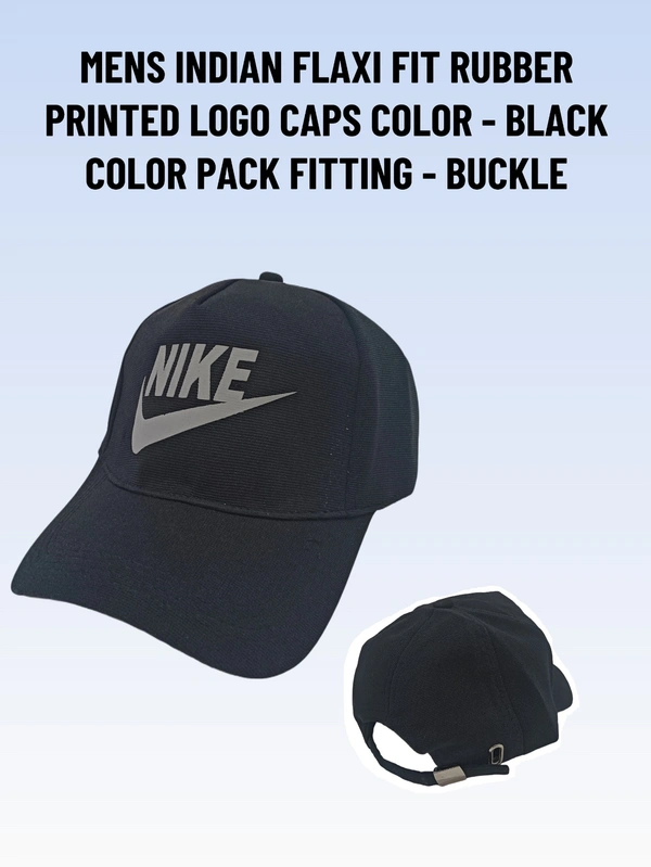 MENS INDIAN FLAXI FIT RUBBER PRINTED LOGO CAPS COLOR - BLACK COLOR PACK FITTING - BUCKLE - FREE, 12