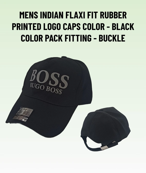 MENS INDIAN FLAXI FIT RUBBER PRINTED LOGO CAPS COLOR - BLACK COLOR PACK FITTING - BUCKLE - FREE, 12