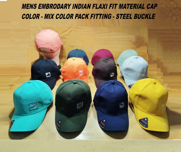 MEN'S EMBRODARY INDIAN FLAXI FIT MATERIAL CAP COLOR MIX COLOR PACK FITING STEEL BUCKLE  - FREE SIZE, 12