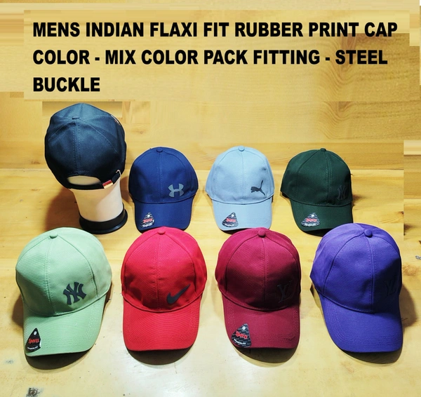MEN'S INDIAN FLAXI FIT RUBBER PRINT CAP COLOR MIX COLOR PACK FITTING STEEL BUCKLE  - FREE SIZE, 12