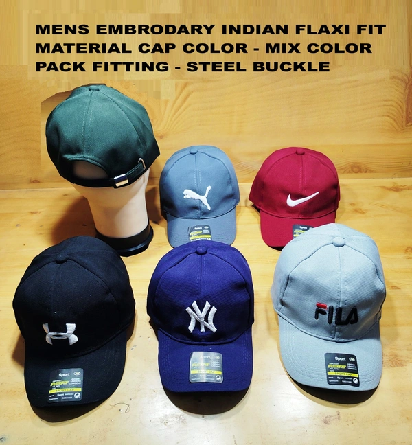 MEN'S EMBRODARY INDIAN FLAXI FIT MATERIAL CAP COLOR MIX COLOR PACK FITING STEEL BUCKLE  - FREE SIZE, 12