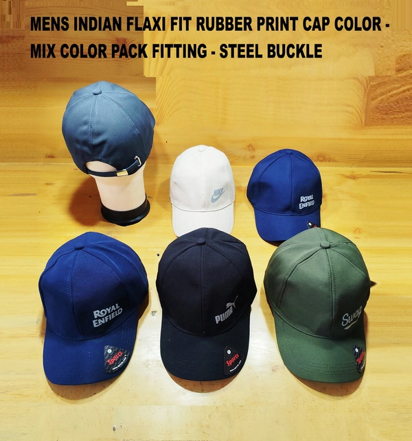 MEN'S INDIAN FLAXI FIT RUBBER PRINT CAP COLOR MIX COLOR PACK FITTING STEEL BUCKLE  - FREE SIZE, 12