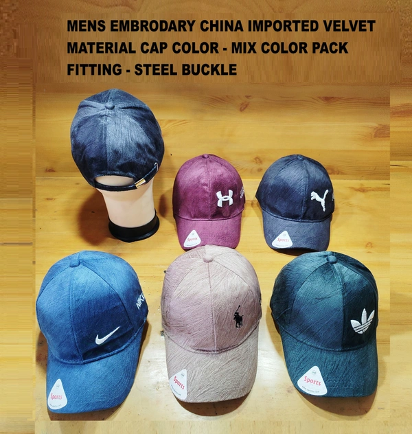 MEN'S EMBRODARY CHAINA IMPORTED VELVET MATERIAL CAP COLOR MIX PACK FITTING STEEL BUCKLE  - FREE SIZE, 12