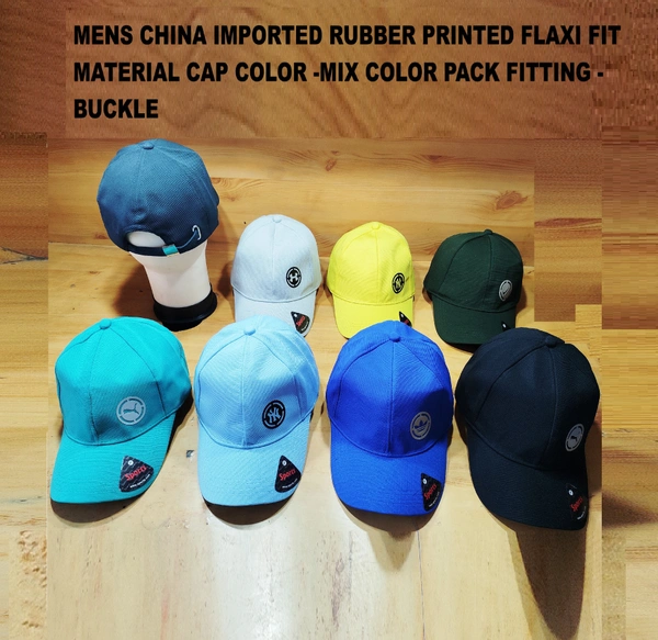 MEN'S CHAINA IMPORTED RUBBER PRINTED FLAXI FIT MATERIAL CAP COLOR MIX FITTING BUCKLE  - FREE SIZE, 12