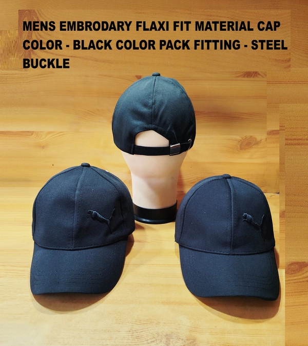 MEN'S EMBRODARY FLAXI FIT MATERIAL CAP COLOR BLACK PACK FITTIG STEEL BUCKLE  - FREE SIZE, 12