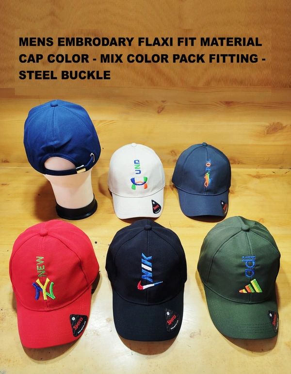 MEN'S EMBRODARY FLAXI FIT MATERIAL CAP COLOR MIX PACK FITTING STEEL BUCKLE  - FREE  SIZE, 12