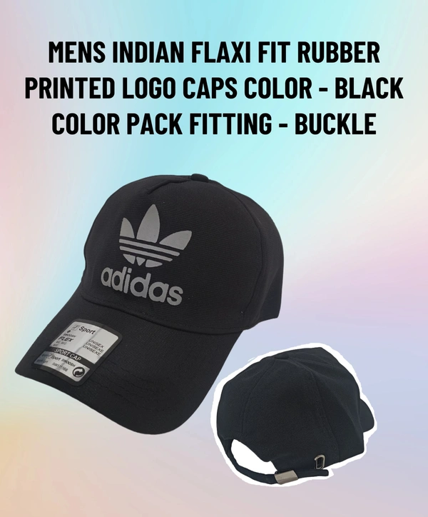 MENS INDIAN FLAXI FIT RUBBER PRINTED LOGO CAPS COLOR - BLACK COLOR PACK FITTING - BUCKLE - FREE, 12