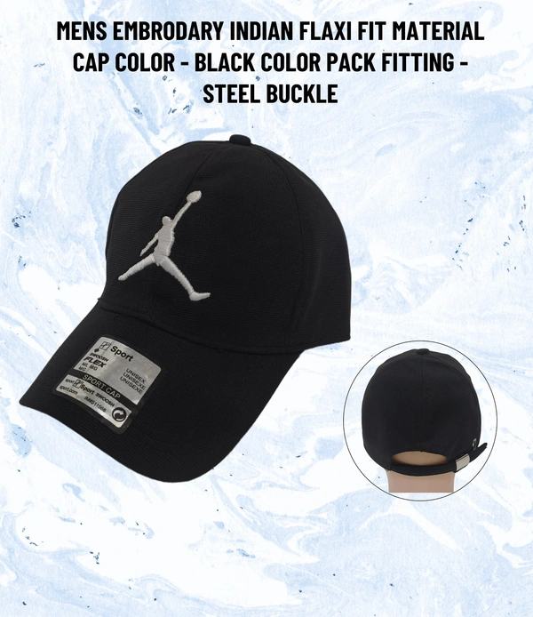MENS EMBRODARY INDIAN FLAXI FIT MATERIAL CAP BLACK COLUR PACK FITTING STEEL BUCKLE  - FREE, 12