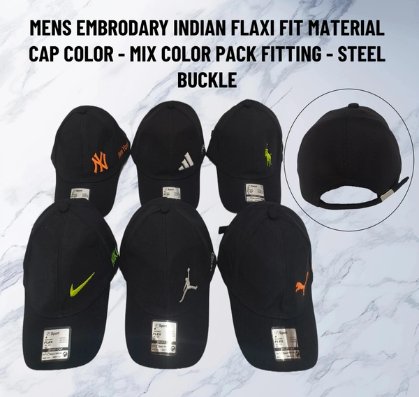 MENS EMBRODARY INDIAN FLAXI FIT MATERIAL CAP MIX COLUR PACK FITTING STEEL BUCKLE  - FREE, 12
