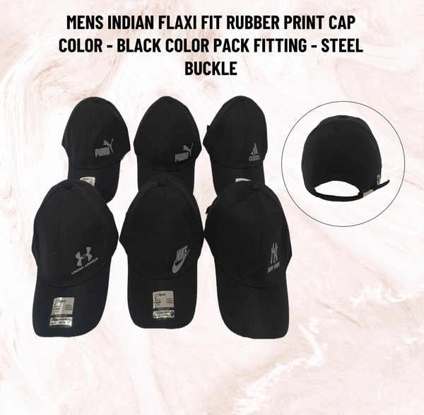 MENS INDIAN FLAXI FIT RUBBER PRINT  CAP BLACK COLUR PACK FITTING STEEL BUCKLE  - FREE, 12