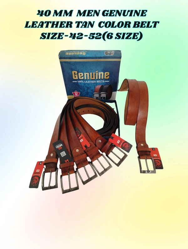 40 MM MEN GENUINE LEATHER TAN COLOR BELT SIZE 42-52(6 SIZE) - FREE SIZE, 6