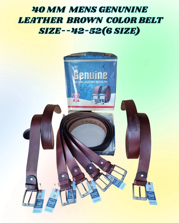 40MM MENS GENUINE LEATHER BROWN COLOR BELT SIZE -42-52-(6 SIZE) - FREE SIZE, 6