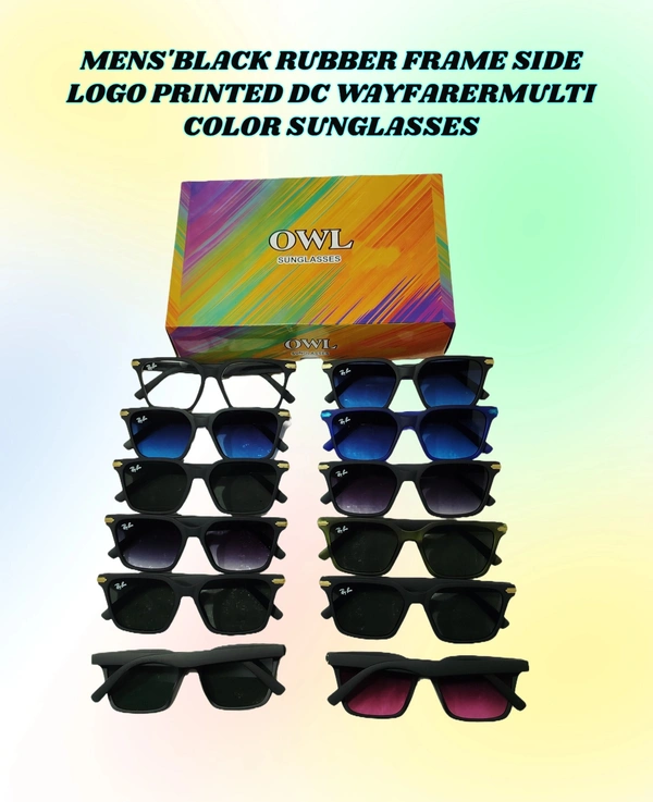 MENS BLACK RUBBER FRAME SIDE LOGO PRINTED DC WAYFARER MULTI COLOR SUNGLASES  - FREE SIZE, 12