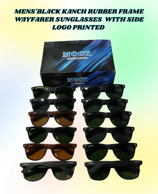 MENS BLACK RUBBER FRAME KANCH WAYFARER SUNGLASSSES WITH SIDE LOGO PRINTED  - FREE SIZE, 12