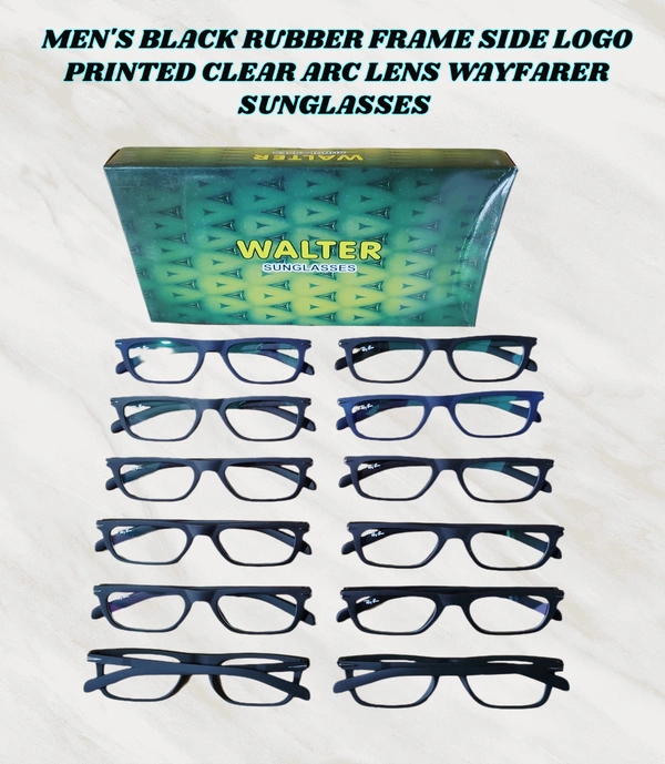 MENS BLACK RUBBER FRAME SIDE LOGO PRINTED CLEAR ARC LENS WAYFARER SUNGLASSES - FREE SIZE, 12