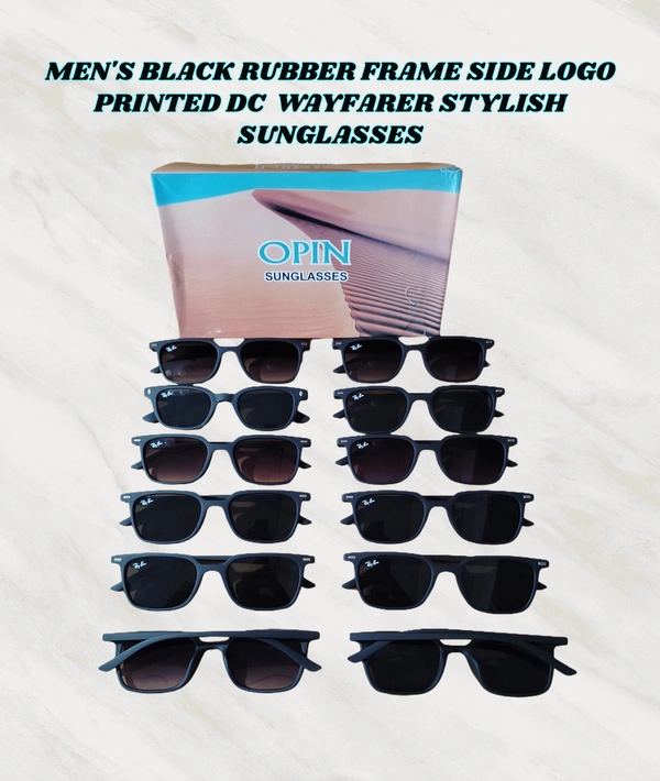MENS BLACK RUBBER FRAME SIDE LOGO PRINTED DC WAYFARER STYLISH SUNGLASSES - FREE SIZE, 12