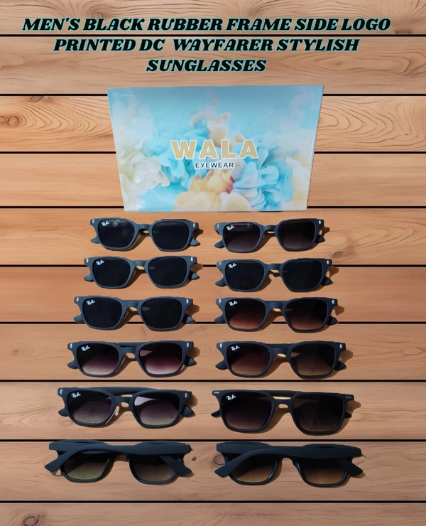 MENS BLACK RUBBER FRAME SIDE LOGO PRINTED DC WAYFARER STYLISH SUNGLASSES - FREE SIZE, 12