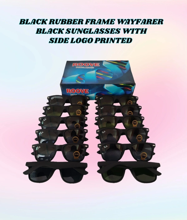 BLACK RUBBER FRAME WAYFARER BLACK SUNGLASES WITH SIDE LOGO PRINTED - FREE SIZE, 12