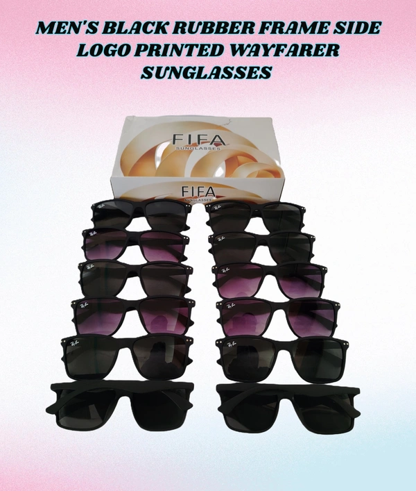 MEN'S BLACK RUBBER FRAME SIDE LOGO PRINTED WAYFARER SUNGLASES - FREE SIZE, 12