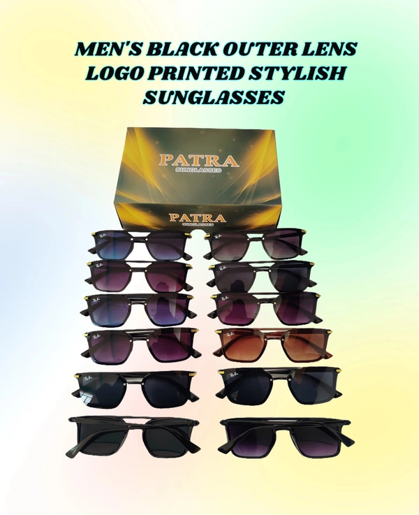 MEN'S BLACK OUTER LENS LOGO PRINTED STYLISH SUNGLASES - FREE SIZE, 12