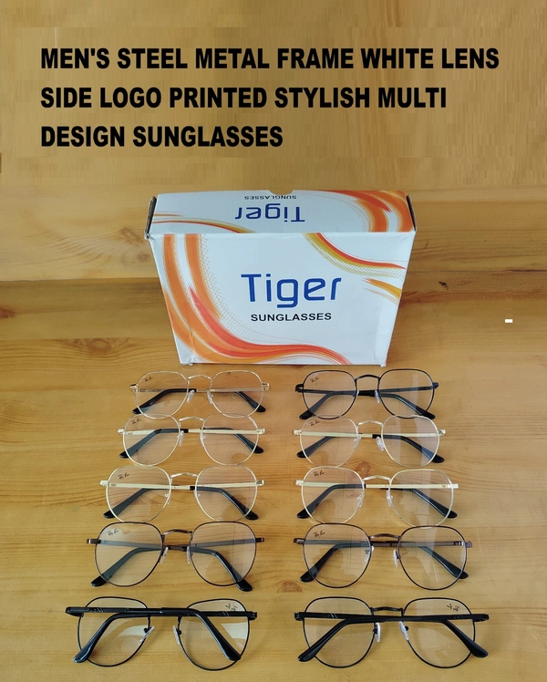MENS STEEL METAL FRAME WHITE LENS SIDE LOGO PRINTED STYLISH MULTI DESIGN SUNGLASSES  - FREE SIZE, 12
