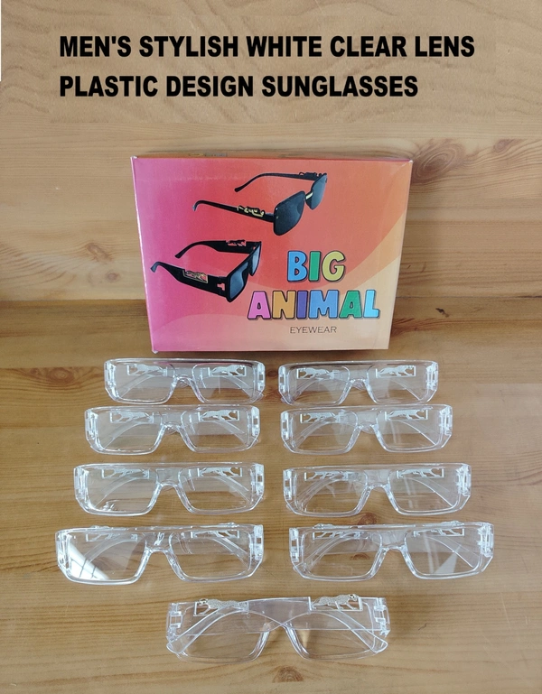 MENS  STYLISH WHITE CLEAR LENS PLASTIC DESIGN SUNGLASSES - FREE SIZE, 12