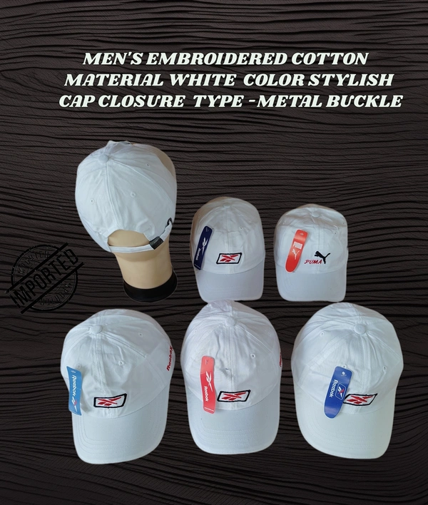 MEN'S EMBROIDERED COTTON MATERIAL WHITE COLOR STYLISH CAP CLOSURE TYPE -METAL BUCKLE - FREE SIZE, 6