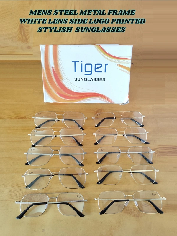 MEN'S STEEL METAL FRAME WHITE LENS SIDE LOGO PRINTED STYLISH SUNGLASES  - FREE SIZE, 12